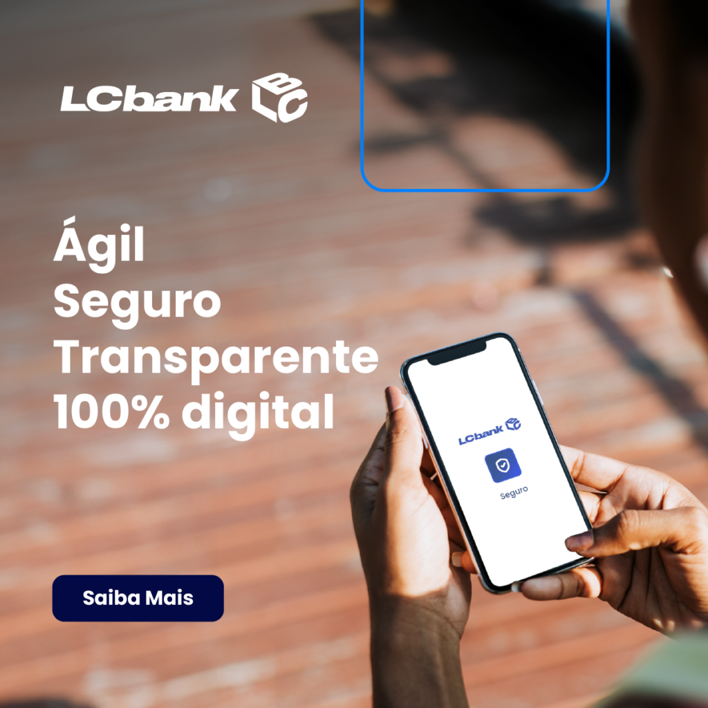 Logo LCbank e texto "Ágil Seguro Transparente 100% digital" em tela de celular