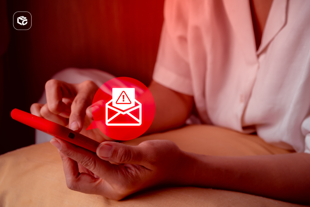 Pessoa segurando um smartphone vermelho com as duas mãos enquanto visualiza a tela do aparelho. Sobre a imagem há um ícone gráfico de mensagem eletrônica com símbolo de alerta em destaque, representando aviso, golpe digital, spam ou comunicação suspeita. A cena possui iluminação em tons avermelhados, com foco nas mãos e no celular. No canto superior esquerdo há um pequeno logotipo branco dentro de um quadrado com cantos arredondados. Forneça seus comentários sobre o BizChat